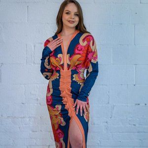 ABSTRACT PRINT MIDI DRESS
